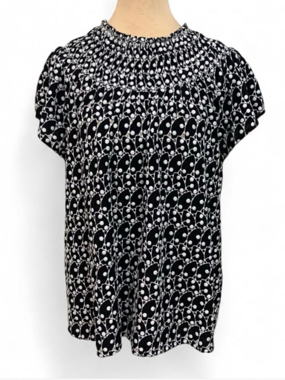 LOFT Black and White Embroidered Eyelet Smocked Neck Short Sleeve Blouse Sz L